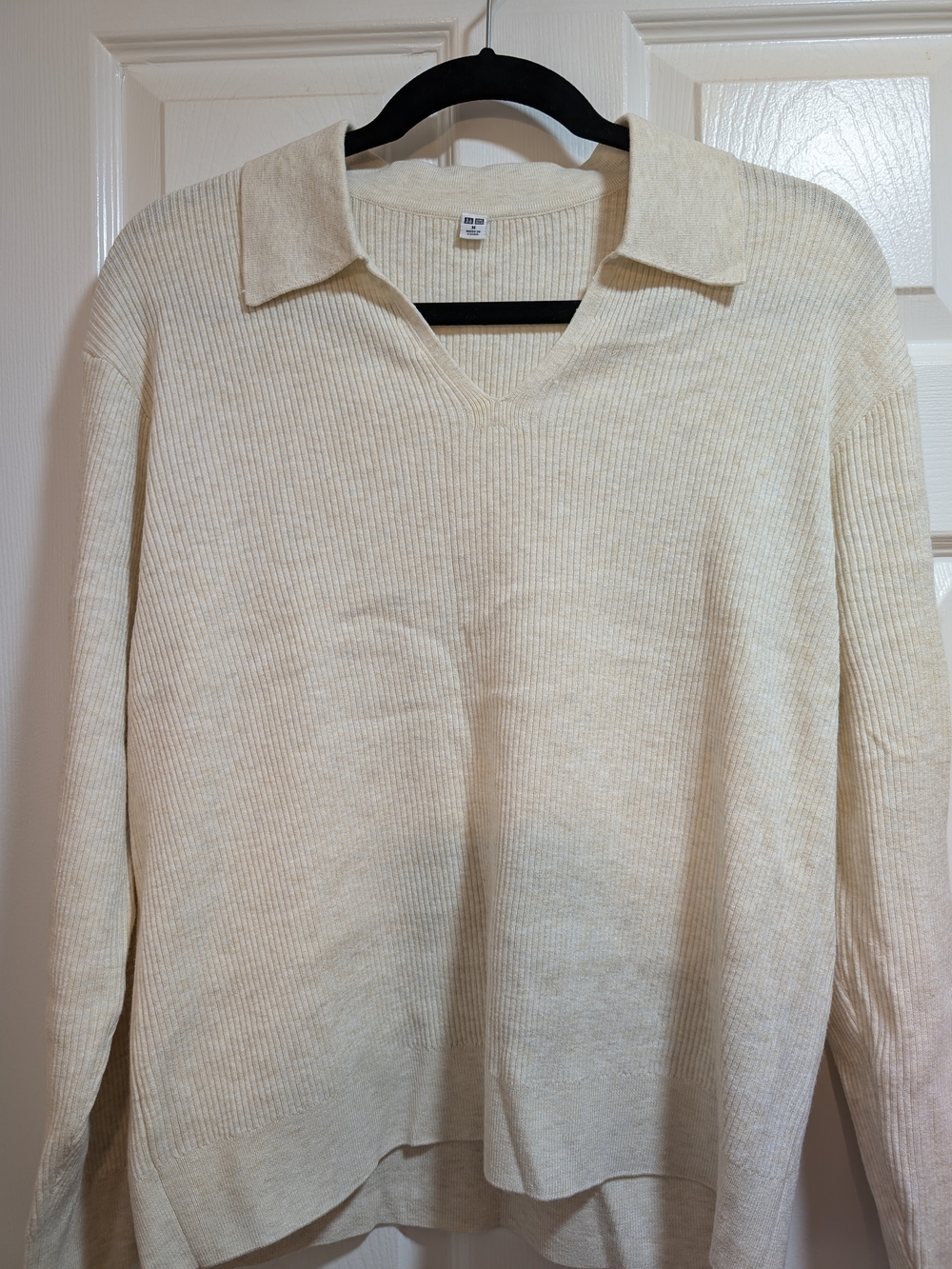 Uniqlo Cream Ribbed Collared V-Neck Sweater